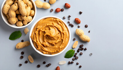 Delicious peanut butter served in a bowl, surrounded by peanuts and chocolate, perfect for snacks and meals.