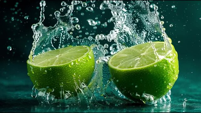 Vibrant limes split open with a splash of water, displaying freshness and moisture. The two lime halves appear in the middle of the image with the water in the shape of a crown.