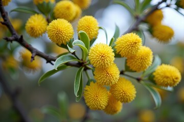 Silver Wattle Tree Branch Covered in Mimosa Spring Flowers: A Close-up Shot with Softly Blurred Background