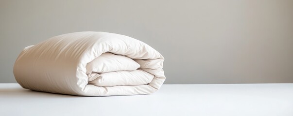 Rolled white duvet on neutral background bedding home decor image