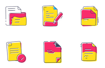 Colorful document icons illustrating various document actions, including creation, editing, and approval.