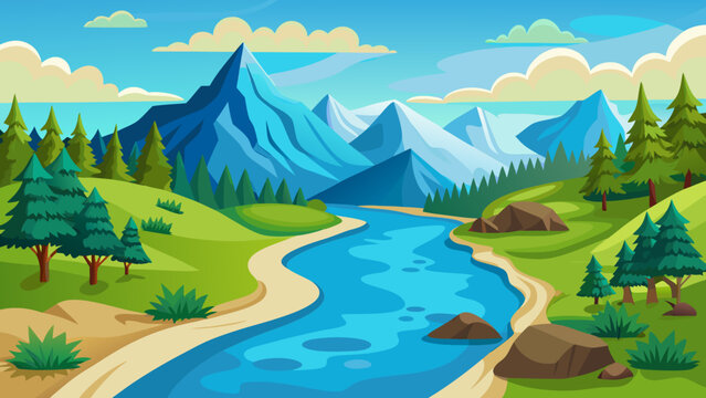 Vibrant cartoon landscape with a winding blue river flowing through green hills and majestic mountains