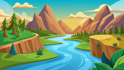 Obraz premium Stylized cartoon landscape with winding river and majestic mountains at sunset