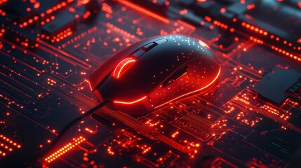 Red illuminated gaming mouse on a circuit board.