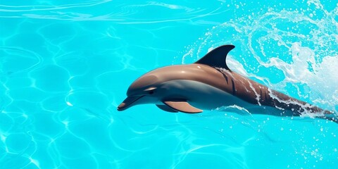 Naklejka premium Playful dolphin leaps through effervescent turquoise water, bubbles swirling, turquoise, playful