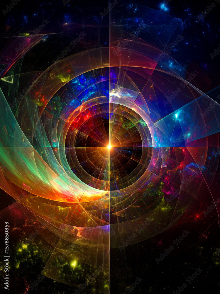 Poster an intricate abstract digital or cosmic vortex with radiant light emanating from a central core, div