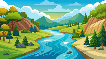 Vibrant cartoon landscape with a winding river flowing through green hills and mountains