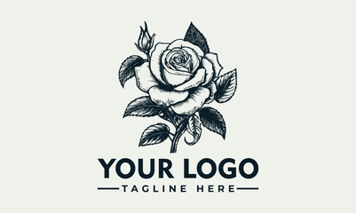 Elegant monochrome rose logo design, featuring detailed botanical illustration, ready for branding.