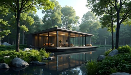 Obraz premium Modern Glass House in Serene Forest Landscape