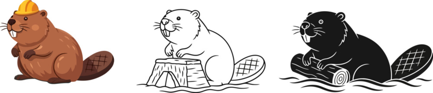 Cute cartoon beaver illustration set vector design for kids coloring book and digital artwork