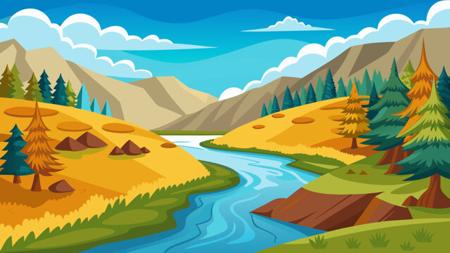 Scenic cartoon landscape with a winding river flowing through hills and mountains