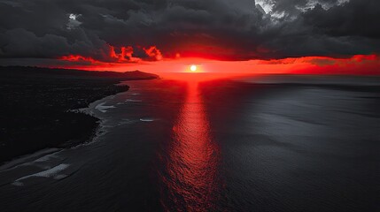 Aerial black and white shot of a red sunset over Kailua Island with a dark, cloudy horizon at dusk 