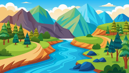 Obraz premium Vibrant cartoon landscape with winding river and majestic mountains under a blue sky