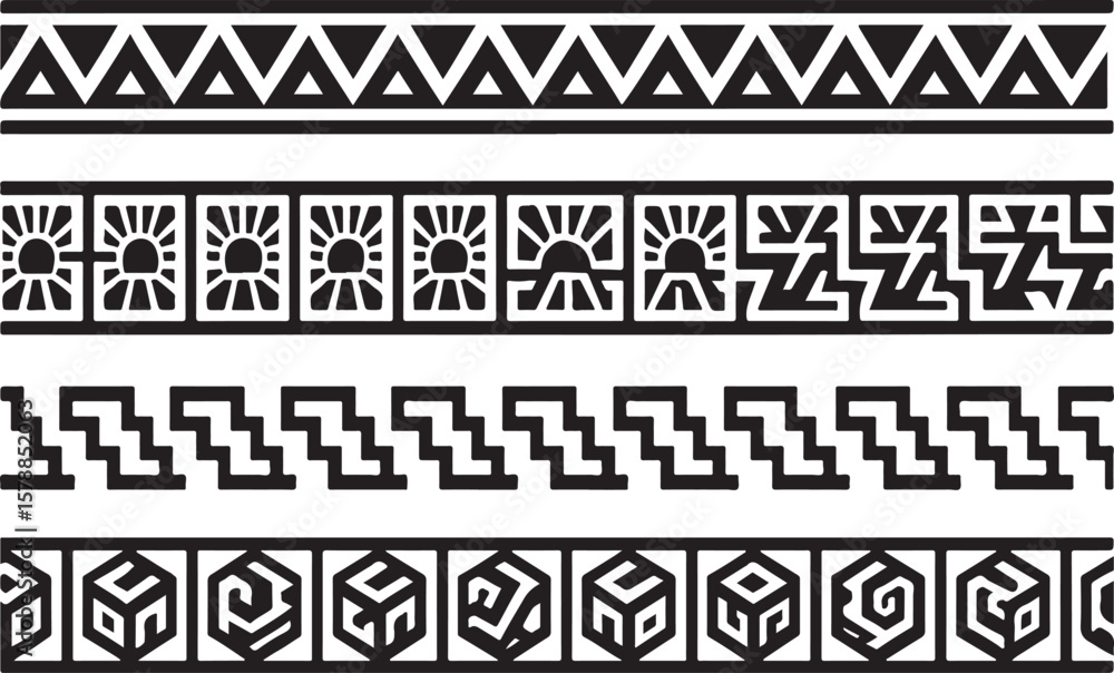 Poster collection of four distinct black and white geometric tribal patterns and borders featuring triangle