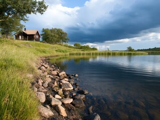 Rustic cabin lakeside landscape
