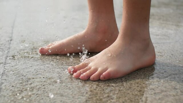 Close-up of a child's bare feet stomping in a rain puddle on paving slabs