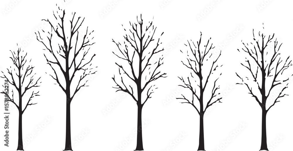 Poster a row of five stylized black bare trees with intricate branch patterns against a clean white backgro