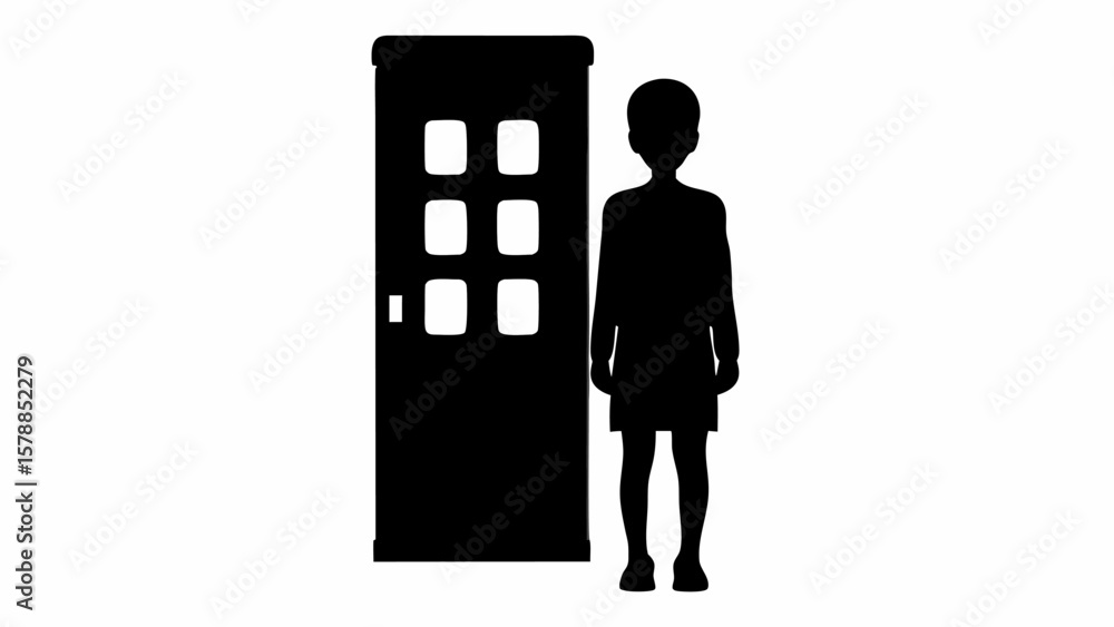 Poster silhouette of a person standing next to a door with six windows and a handle on a white background