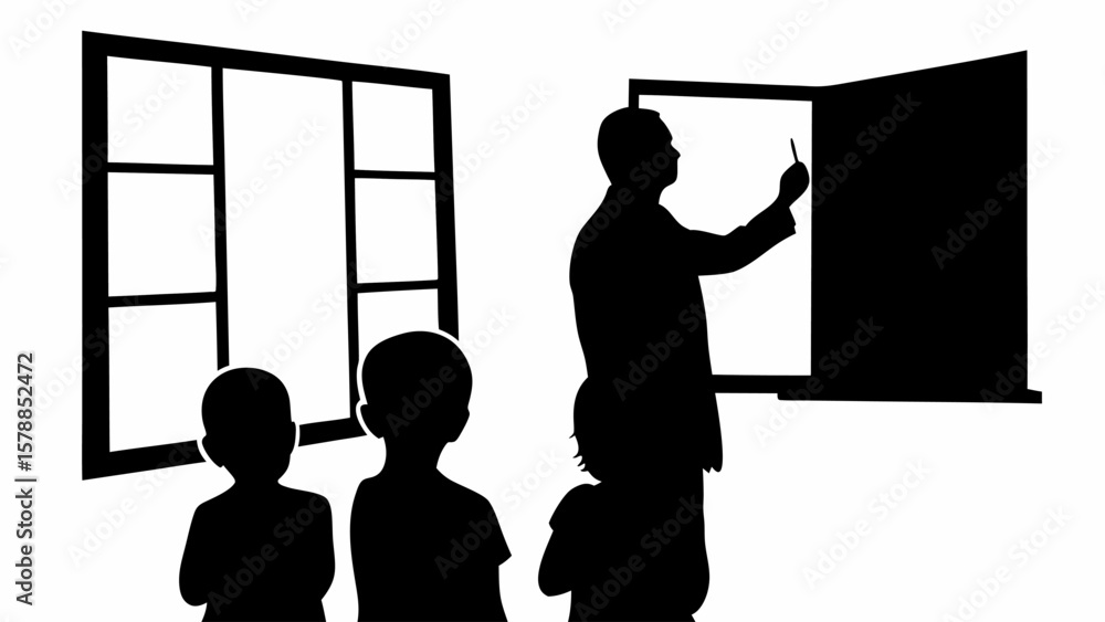 Poster silhouette of teacher with pointer at board and children in classroom with window light source visib