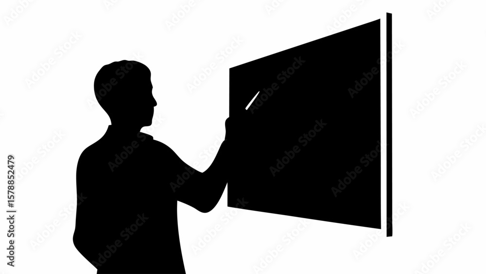 Poster silhouette of a person writing on a blackboard with a chalk stick in a classroom setting shown