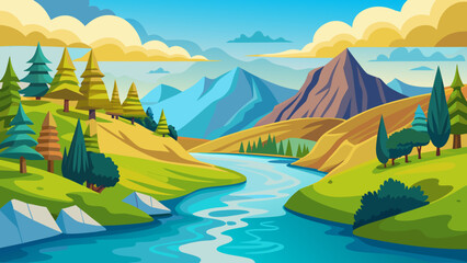 Vibrant cartoon landscape with a winding river flowing through rolling hills and distant mountains
