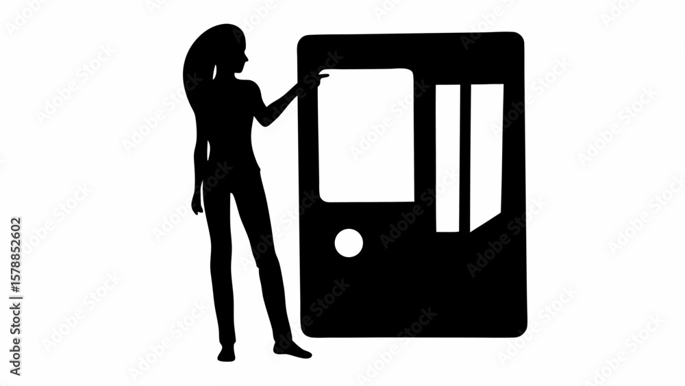 Poster silhouette of a woman standing next to a black object with a white rectangle and lines on it