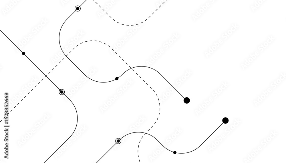 Poster vector curves, twisted u curve,s curve, points, dot, circles and dashed lines, white background, ben