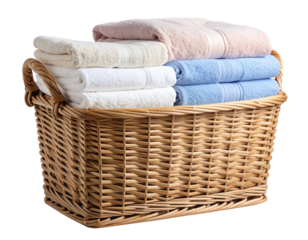 Neutral Woven Laundry Basket with Neatly Folded Pastel Towels, Realistic PNG on Transparent Background