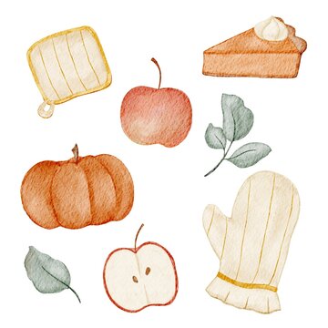 Hand Drawn Cute Thanksgiving Autumn Fall Watercolor Set Clipart Bundle Illustration of Pumpkin, Mittens, Apple, Pumpkin Pies, Apple, Dessert for Menu, Journal, Sticker, Scrapbook