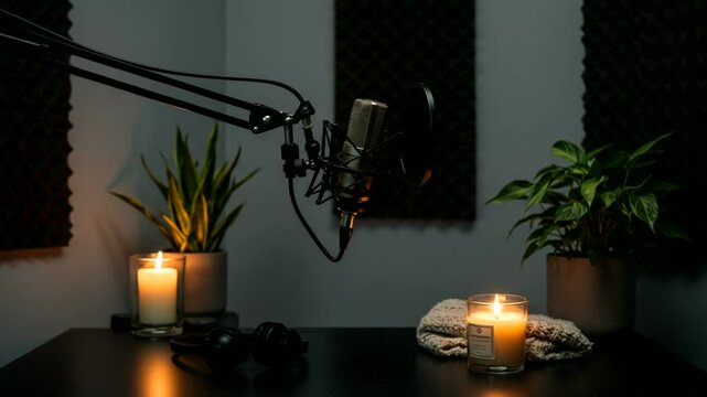 Podcast studio setup with microphone, warm candlelight and plants creating a relaxing atmosphere