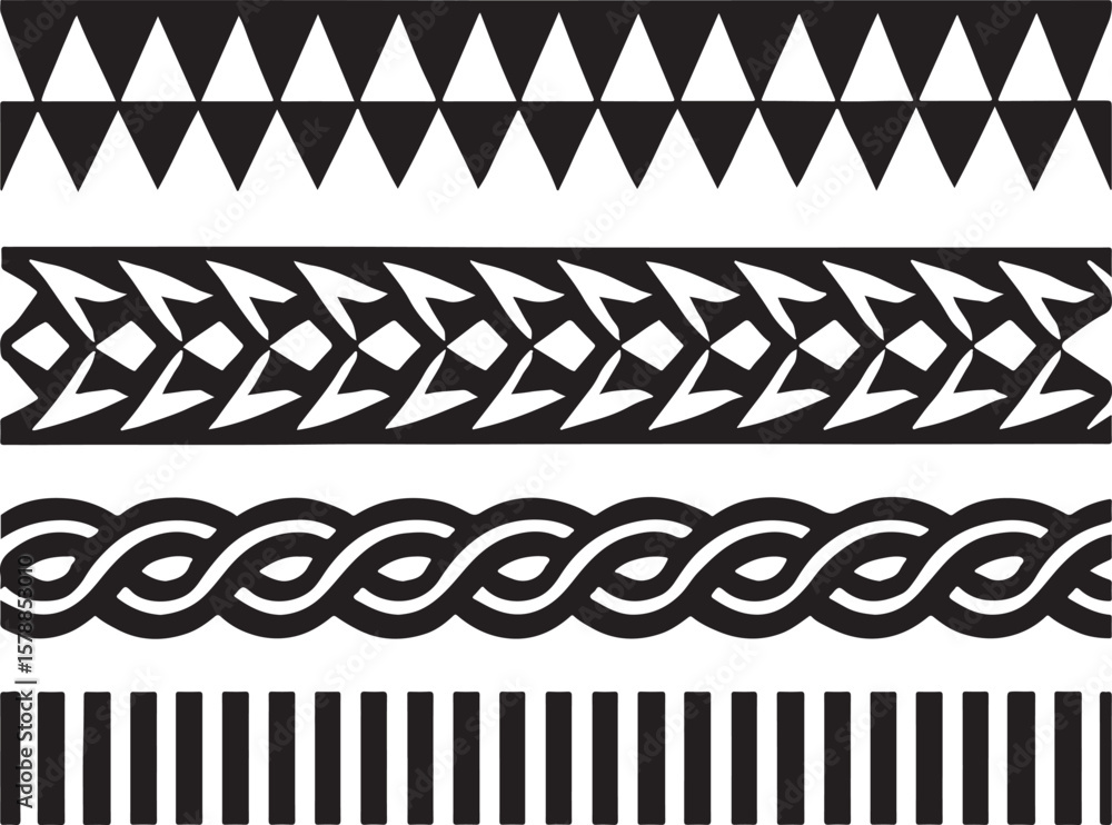 Poster collection of four distinct black and white geometric decorative borders and patterns including tria