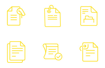 Simple yellow line art illustrations of various document and file icons.