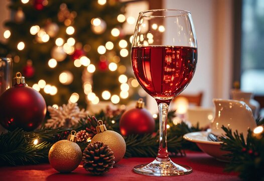 Festive red wine glass, Christmas lights, table - Powered by Adobe