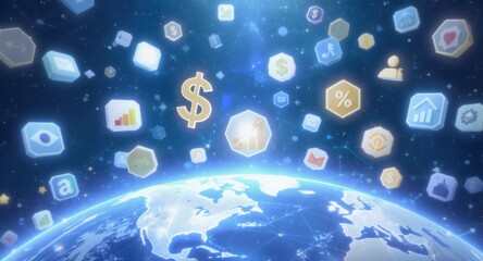 Global digital currency icons floating over Earth