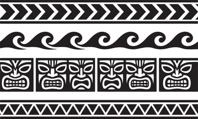 Collection of polynesian tribal patterns featuring chevron arrows stylized ocean waves fierce tiki masks and a triangular border design