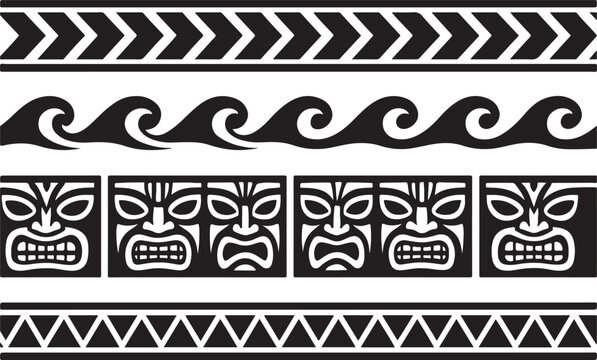 Collection of polynesian tribal patterns featuring chevron arrows stylized ocean waves fierce tiki masks and a triangular border design