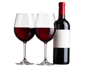 Classic Red Wine Bottle with Two Elegant Glasses Half-Filled, Realistic PNG on Transparent Background