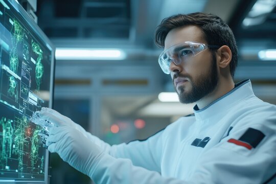 Scientist examining digital information displayed on computer screen - Powered by Adobe