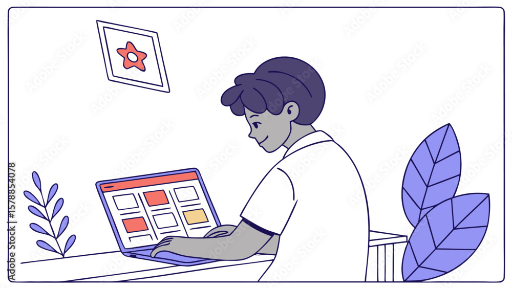 Aufkleber person using laptop with a webpage showing different colored boxes and a flower picture on the wall 