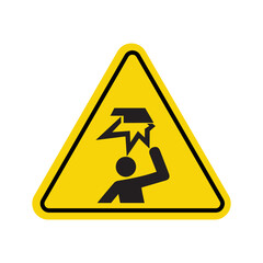 warning sign for overhead electrical hazard with worker, yellow triangular safety alert for construction