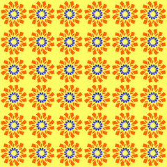 A vibrant pattern of geometric floral bursts in orange and blue on yellow, radiating energy, tradition, rhythm, and symmetrical visual excitement.