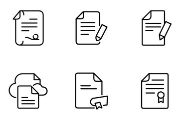 A collection of six document icons, featuring various symbols like a signature, pencil, cloud, and ribbon, all in a simple, line-art style.