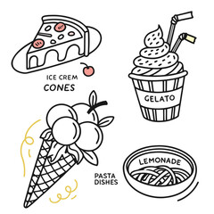 Italian style vacation hand drawn vector illustrations in grunge chalk or charcoal rough doodle sketch style. Summer vacation elements for poster, placard or menu prints and decoration with lettering