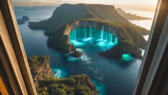 Fototapeta Island Waterfall View from Above Offers a Tropical Coastal Landscape