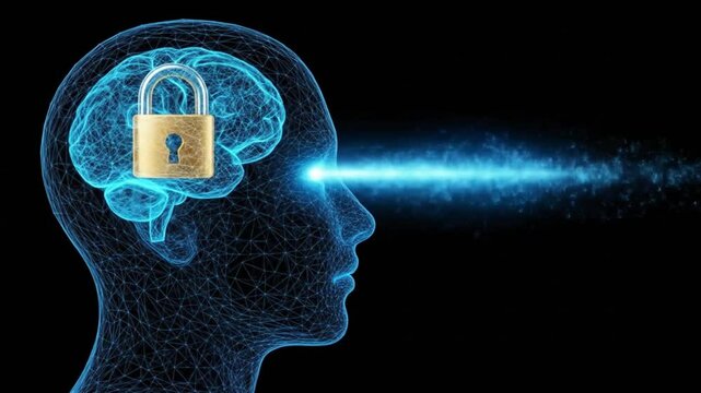 A digital brain with a padlock symbolizes mental security and data protection, with a beam of light emanating from the eye