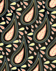 Paisley Drop Pattern with Folk Leaf Motif on Dark Background Vintage Boho Style