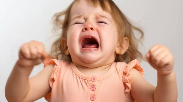 Close-up video of a crying toddler with messy hair, capturing raw emotion. The frontal angle highlights the child's expressive face against a plain background. Live desktop wallpaper.