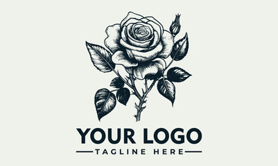 A detailed black and white illustration of a rose with leaves, buds, and text.