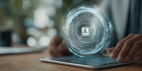 Holographic navigation icon displayed over tablet