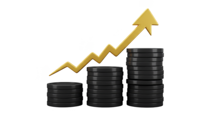 3d Golden Arrow on Black Coins Represents Financial Success Growth